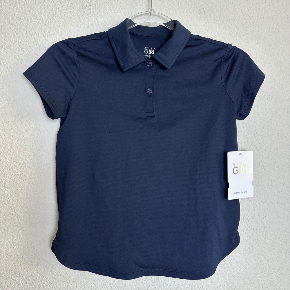 Athleta Girl Navy Blue School Day Polo Shirt Short Sleeve Size M 8-10 Uniform